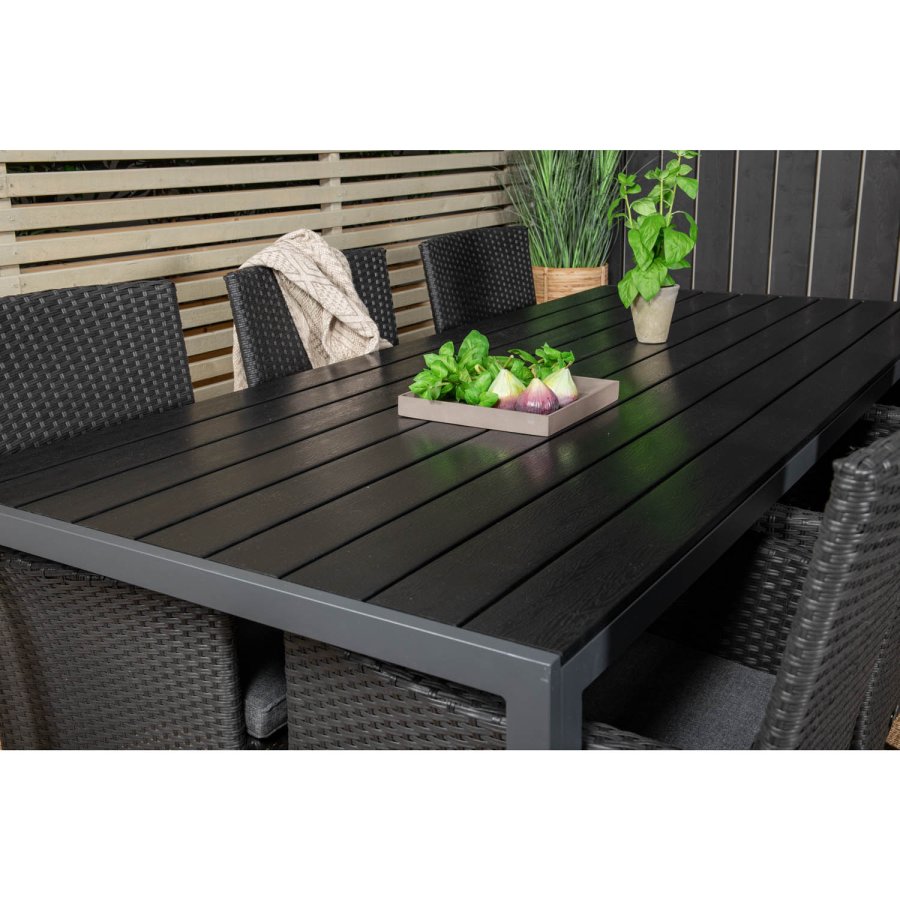 VENTURE DESIGN havest, m. Break bord (205x90) og 6 Malin stole, m. armln - aintwood/alu//flet