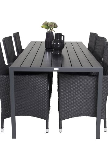 VENTURE DESIGN havest, m. Break bord (205x90) og 6 Malin stole, m. armln - aintwood/alu//flet