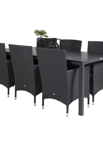 VENTURE DESIGN havest, m. Break bord (205x90) og 6 Malin stole, m. armln - aintwood/alu//flet