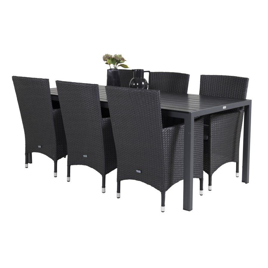 VENTURE DESIGN havest, m. Break bord (205x90) og 6 Malin stole, m. armln - aintwood/alu//flet