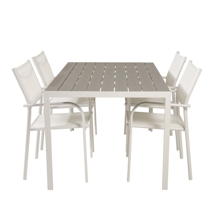 VENTURE DESIGN Gartentisch mit Break-Tisch und 4 Santorini-Stühlen mit Armlehnen – weißes Aluminium und graues Aintwood 
