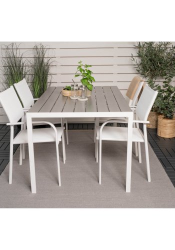 VENTURE DESIGN Gartentisch mit Break-Tisch und 4 Santorini-Stühlen mit Armlehnen – weißes Aluminium und graues Aintwood 