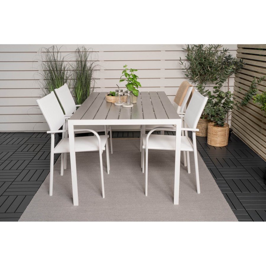 VENTURE DESIGN Gartentisch mit Break-Tisch und 4 Santorini-Stühlen mit Armlehnen – weißes Aluminium und graues Aintwood 