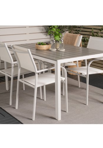 VENTURE DESIGN Gartentisch mit Break-Tisch und 4 Santorini-Stühlen mit Armlehnen – weißes Aluminium und graues Aintwood 