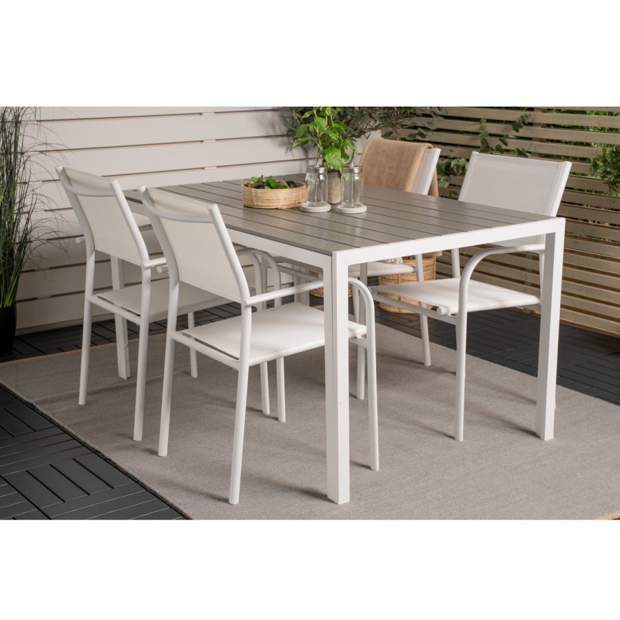 VENTURE DESIGN Gartentisch mit Break-Tisch und 4 Santorini-Stühlen mit Armlehnen – weißes Aluminium und graues Aintwood 