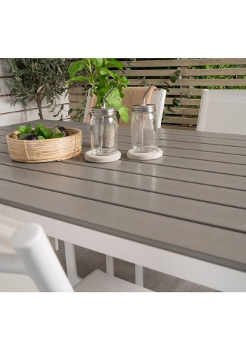VENTURE DESIGN Gartentisch mit Break-Tisch und 4 Santorini-Stühlen mit Armlehnen – weißes Aluminium und graues Aintwood 