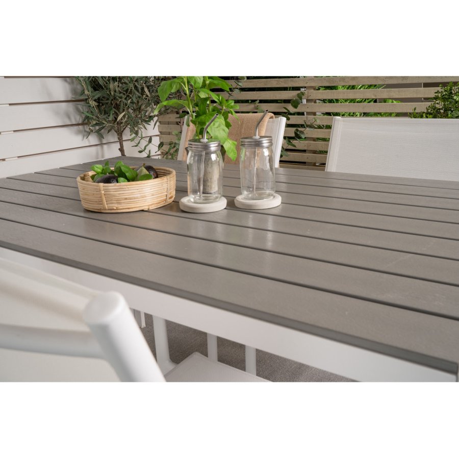 VENTURE DESIGN Gartentisch mit Break-Tisch und 4 Santorini-Stühlen mit Armlehnen – weißes Aluminium und graues Aintwood 