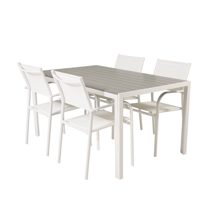 VENTURE DESIGN Gartentisch mit Break-Tisch und 4 Santorini-Stühlen mit Armlehnen – weißes Aluminium und graues Aintwood 