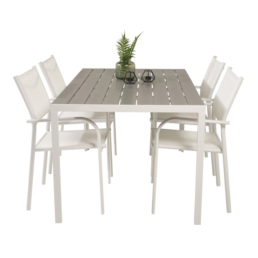 VENTURE DESIGN Gartentisch mit Break-Tisch und 4 Santorini-Stühlen mit Armlehnen – weißes Aluminium und graues Aintwood 