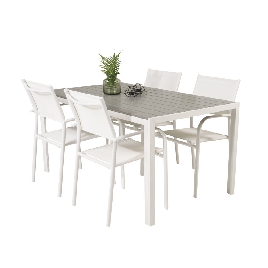 VENTURE DESIGN Gartentisch mit Break-Tisch und 4 Santorini-Stühlen mit Armlehnen – weißes Aluminium und graues Aintwood 