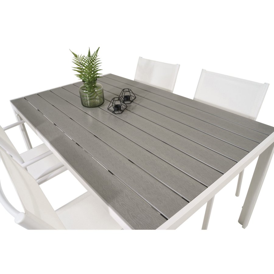 VENTURE DESIGN Gartentisch mit Break-Tisch und 4 Santorini-Stühlen mit Armlehnen – weißes Aluminium und graues Aintwood 