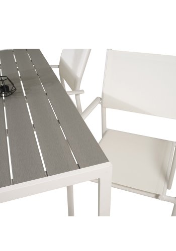 VENTURE DESIGN Gartentisch mit Break-Tisch und 4 Santorini-Stühlen mit Armlehnen – weißes Aluminium und graues Aintwood 