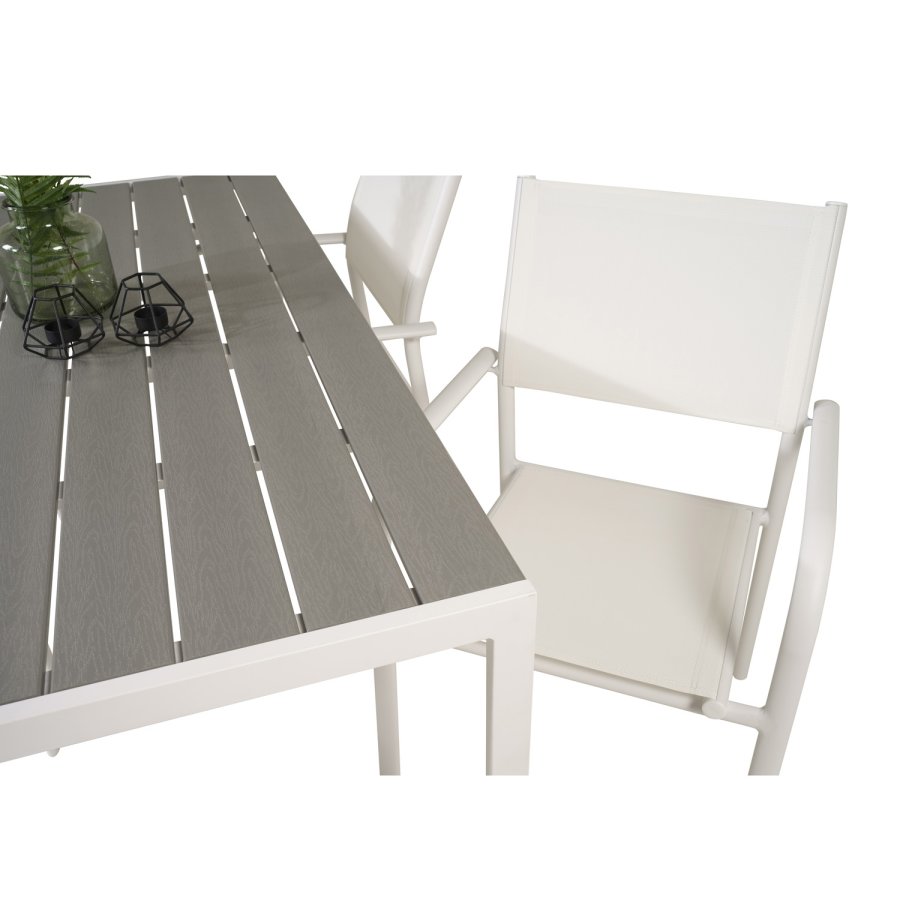 VENTURE DESIGN Gartentisch mit Break-Tisch und 4 Santorini-Stühlen mit Armlehnen – weißes Aluminium und graues Aintwood 