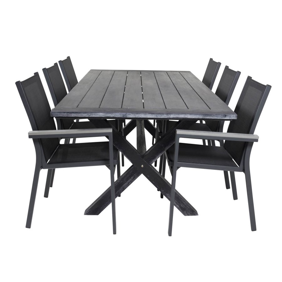 VENTURE DESIGN hagesett - m. Rives bord (200x100) og 6 Parma stoler, med armlener - svart akasie/aluminium 