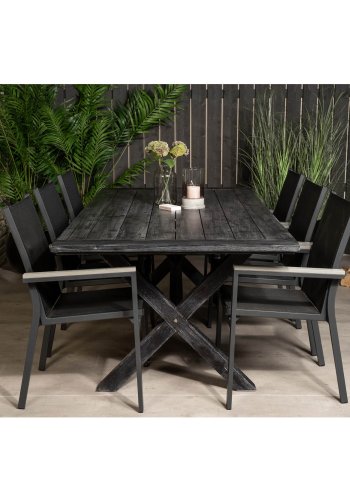 VENTURE DESIGN hagesett - m. Rives bord (200x100) og 6 Parma stoler, med armlener - svart akasie/aluminium 