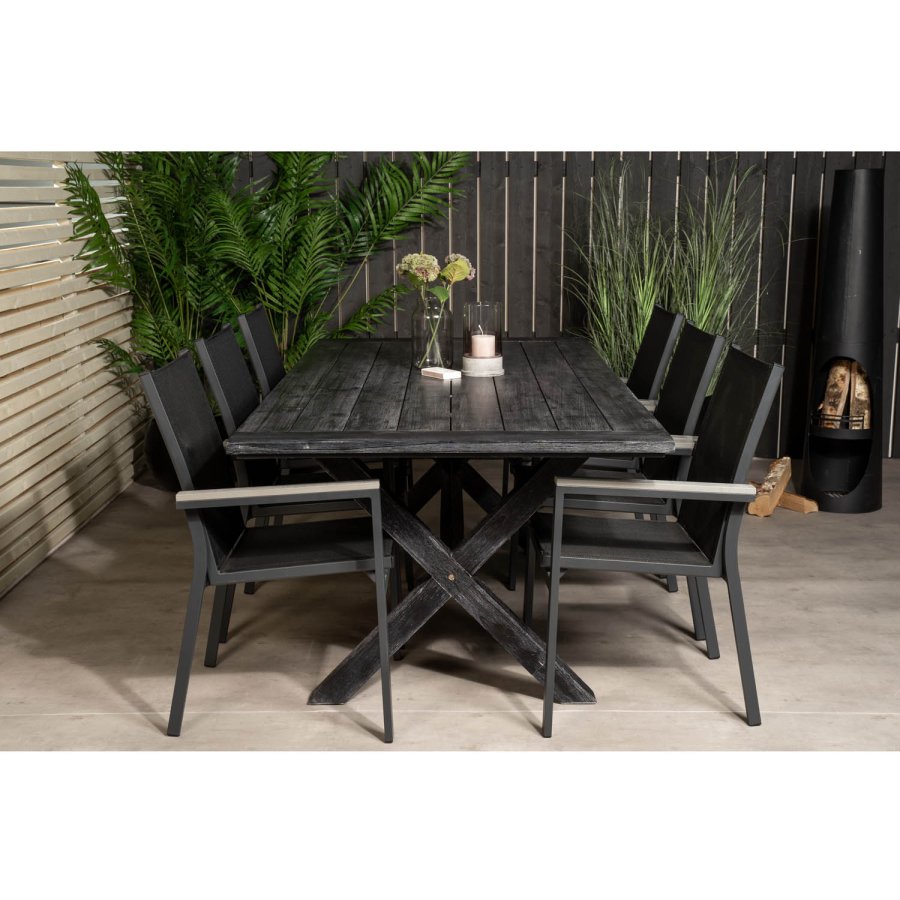VENTURE DESIGN hagesett - m. Rives bord (200x100) og 6 Parma stoler, med armlener - svart akasie/aluminium 