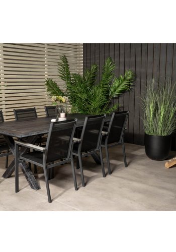 VENTURE DESIGN hagesett - m. Rives bord (200x100) og 6 Parma stoler, med armlener - svart akasie/aluminium 