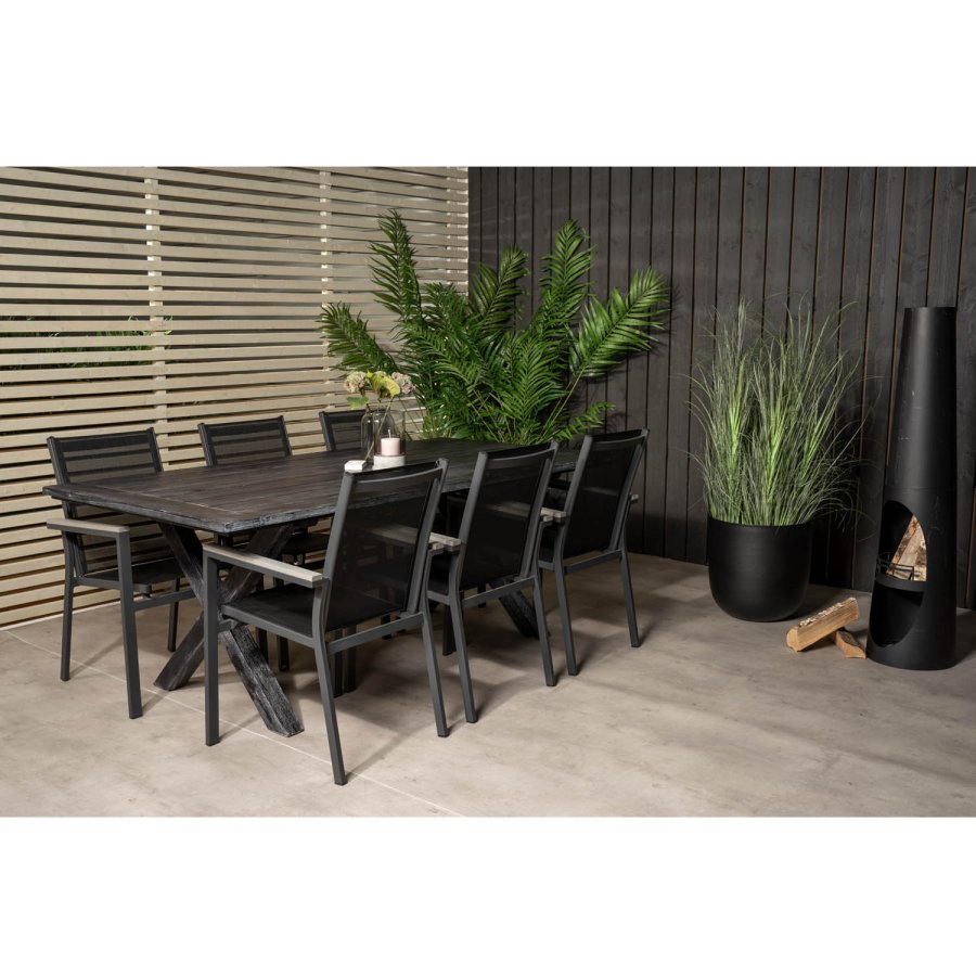VENTURE DESIGN hagesett - m. Rives bord (200x100) og 6 Parma stoler, med armlener - svart akasie/aluminium 