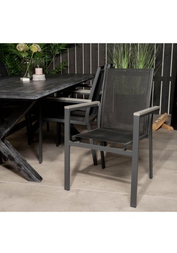 VENTURE DESIGN hagesett - m. Rives bord (200x100) og 6 Parma stoler, med armlener - svart akasie/aluminium 