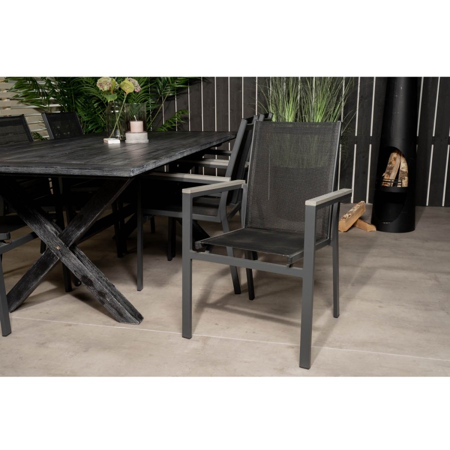 VENTURE DESIGN hagesett - m. Rives bord (200x100) og 6 Parma stoler, med armlener - svart akasie/aluminium 