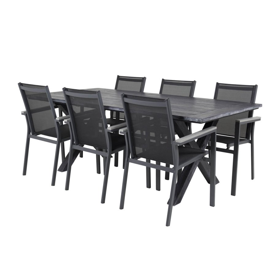 VENTURE DESIGN hagesett - m. Rives bord (200x100) og 6 Parma stoler, med armlener - svart akasie/aluminium 