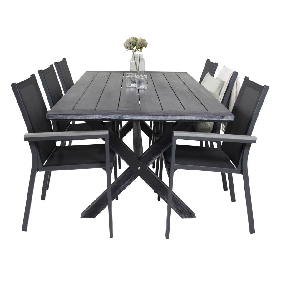 VENTURE DESIGN hagesett - m. Rives bord (200x100) og 6 Parma stoler, med armlener - svart akasie/aluminium 