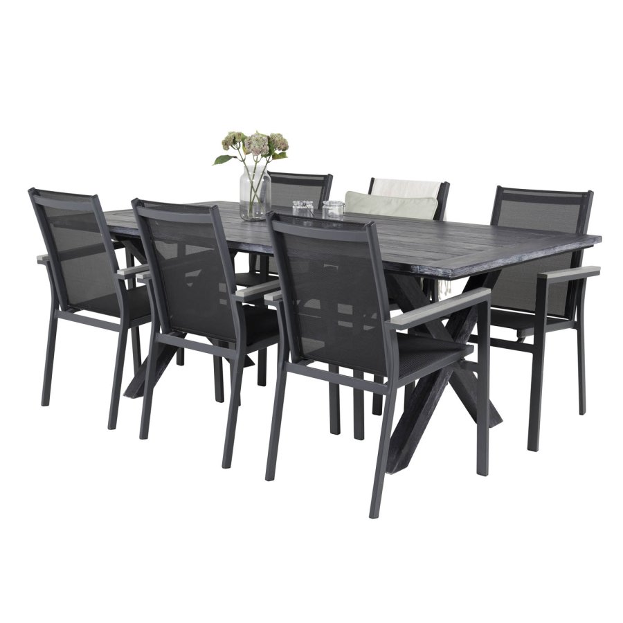 VENTURE DESIGN hagesett - m. Rives bord (200x100) og 6 Parma stoler, med armlener - svart akasie/aluminium 