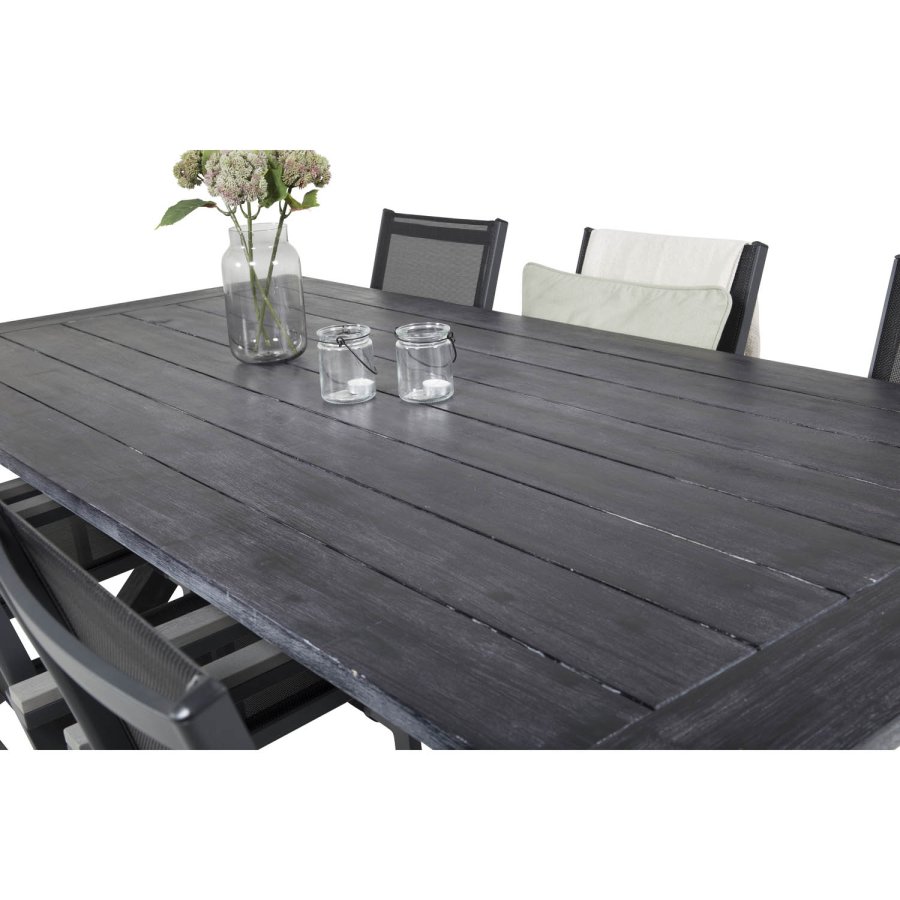 VENTURE DESIGN hagesett - m. Rives bord (200x100) og 6 Parma stoler, med armlener - svart akasie/aluminium 