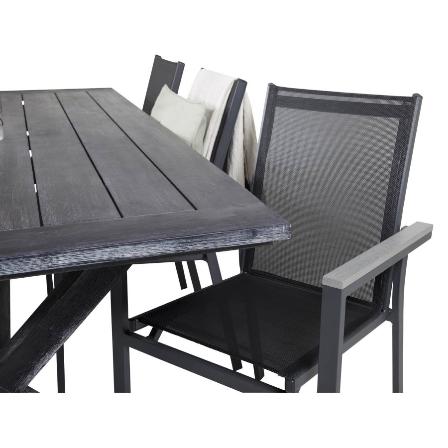 VENTURE DESIGN hagesett - m. Rives bord (200x100) og 6 Parma stoler, med armlener - svart akasie/aluminium 