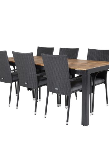 VENTURE DESIGN Gartenset, m. Bois Tisch (200x100) und 6 Anna Stühlen, m. Armlehnen - Akazie/Alu/Rattan