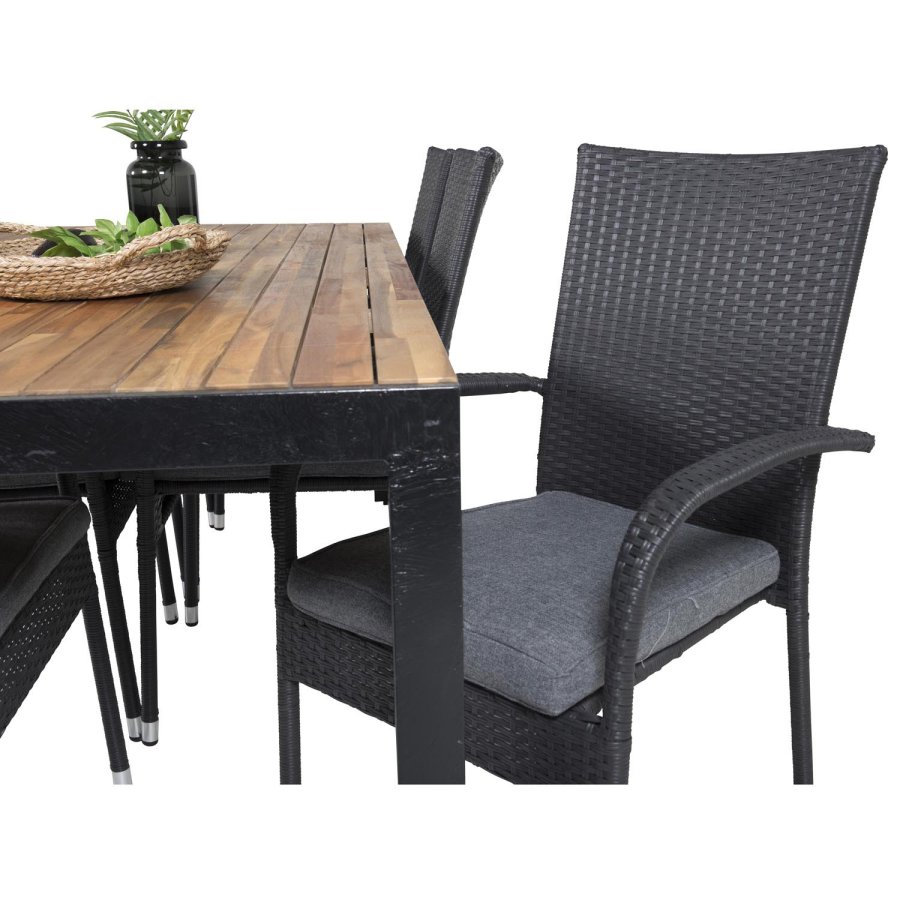 VENTURE DESIGN Gartenset, m. Bois Tisch (200x100) und 6 Anna Stühlen, m. Armlehnen - Akazie/Alu/Rattan