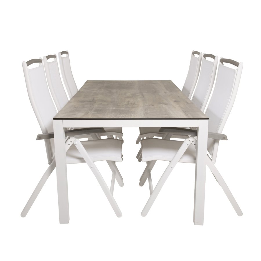 VENTURE DESIGN Gartenset, mit Llama-Tisch (205x100) und 6 Albany 5-Säulen-Stühlen - Laminat/Alu/Aintwood