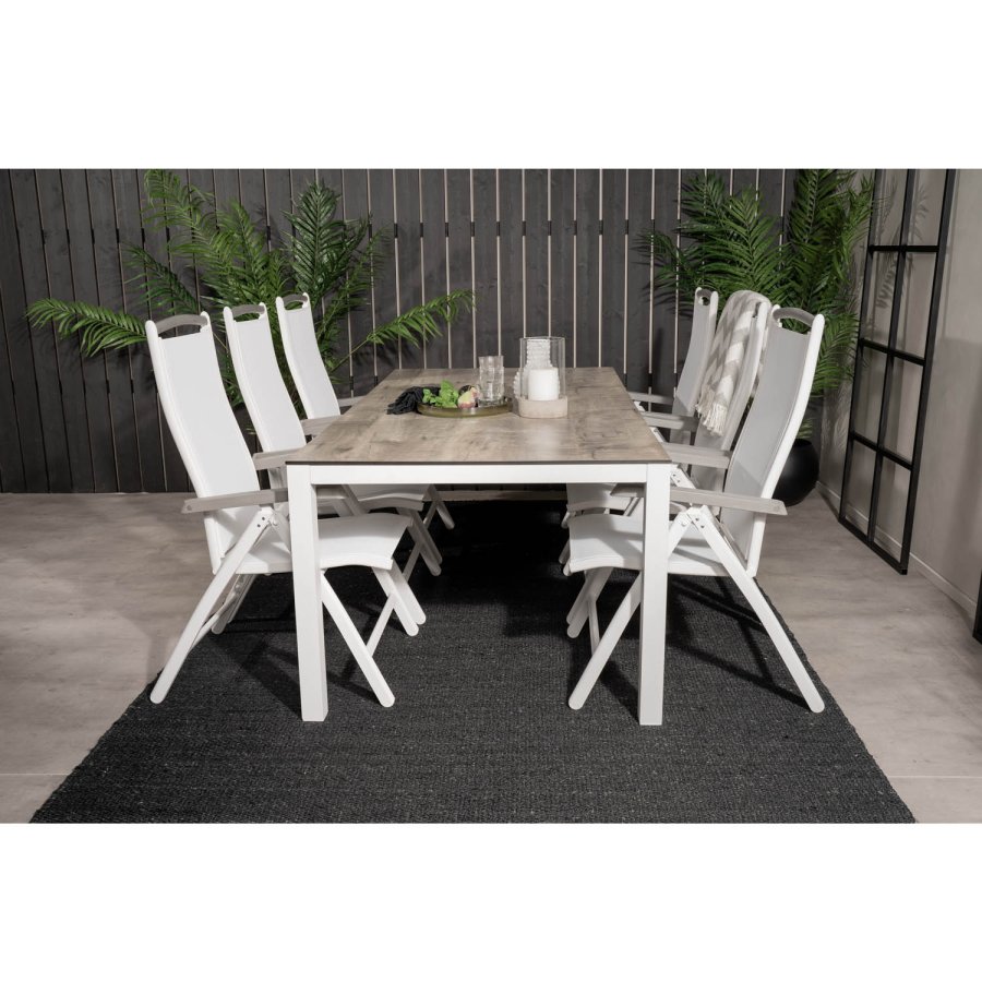 VENTURE DESIGN Gartenset, mit Llama-Tisch (205x100) und 6 Albany 5-Säulen-Stühlen - Laminat/Alu/Aintwood