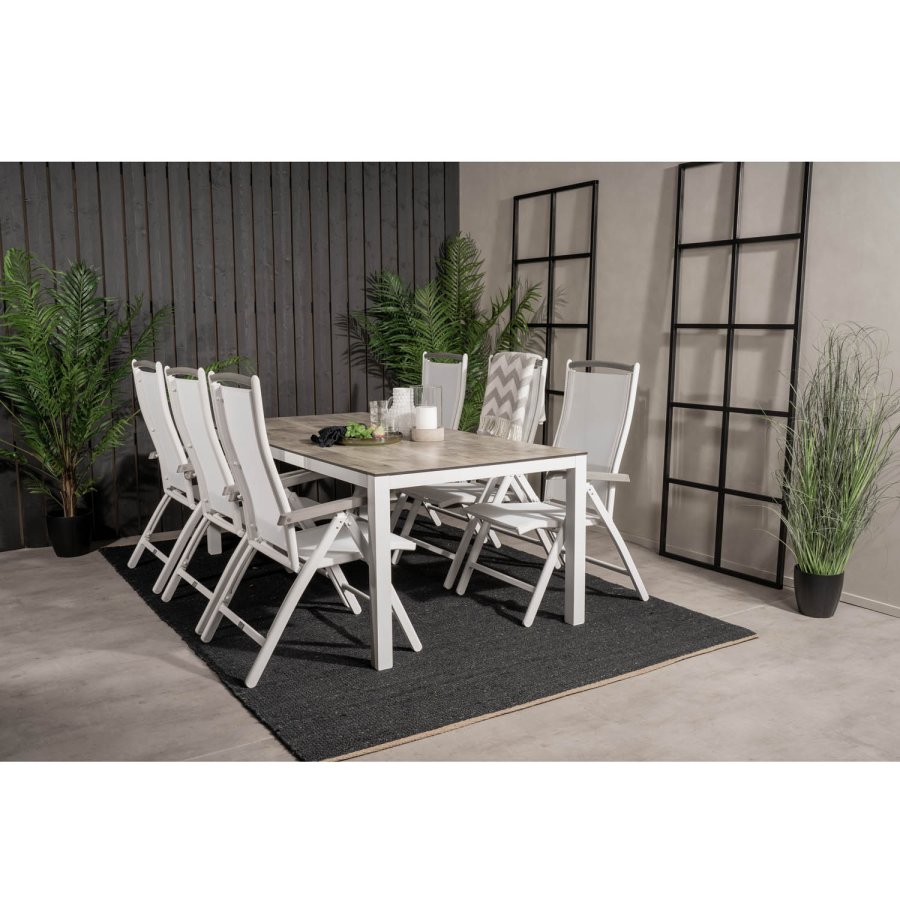 VENTURE DESIGN Gartenset, mit Llama-Tisch (205x100) und 6 Albany 5-Säulen-Stühlen - Laminat/Alu/Aintwood