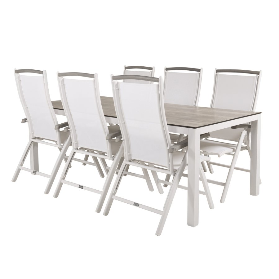 VENTURE DESIGN Gartenset, mit Llama-Tisch (205x100) und 6 Albany 5-Säulen-Stühlen - Laminat/Alu/Aintwood