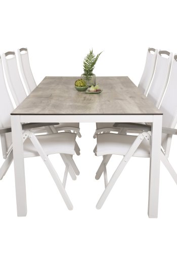 VENTURE DESIGN Gartenset, mit Llama-Tisch (205x100) und 6 Albany 5-Säulen-Stühlen - Laminat/Alu/Aintwood