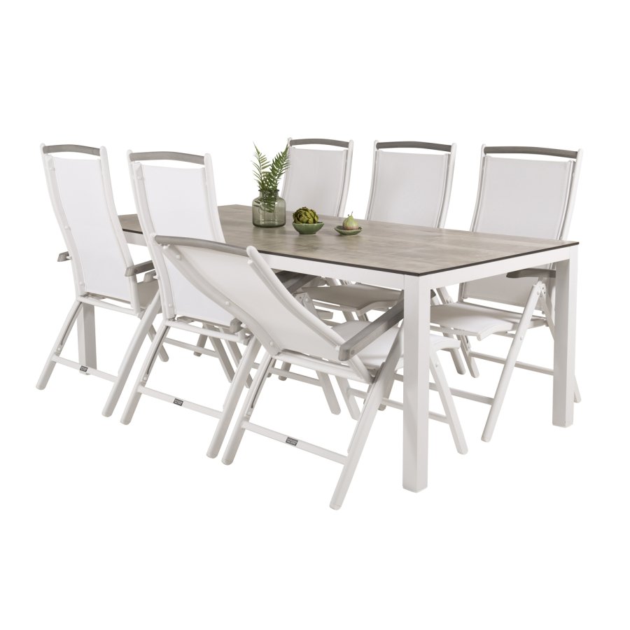 VENTURE DESIGN Gartenset, mit Llama-Tisch (205x100) und 6 Albany 5-Säulen-Stühlen - Laminat/Alu/Aintwood