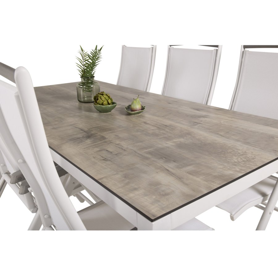 VENTURE DESIGN Gartenset, mit Llama-Tisch (205x100) und 6 Albany 5-Säulen-Stühlen - Laminat/Alu/Aintwood