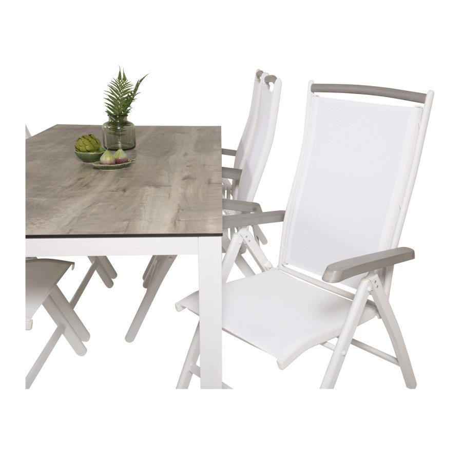 VENTURE DESIGN Gartenset, mit Llama-Tisch (205x100) und 6 Albany 5-Säulen-Stühlen - Laminat/Alu/Aintwood