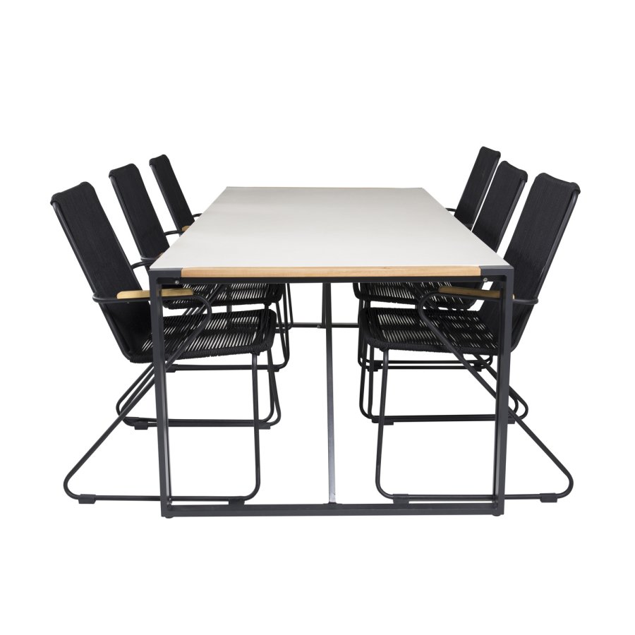 VENTURE DESIGN Gartenset, mit Texas Tisch (200x100) und 6 Bois Stühlen, mit Armlehnen - Teak/Alu/Seil/Akazie