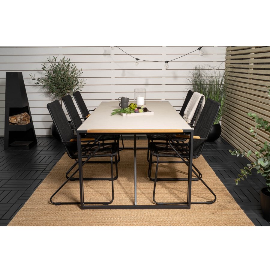 VENTURE DESIGN Gartenset, mit Texas Tisch (200x100) und 6 Bois Stühlen, mit Armlehnen - Teak/Alu/Seil/Akazie