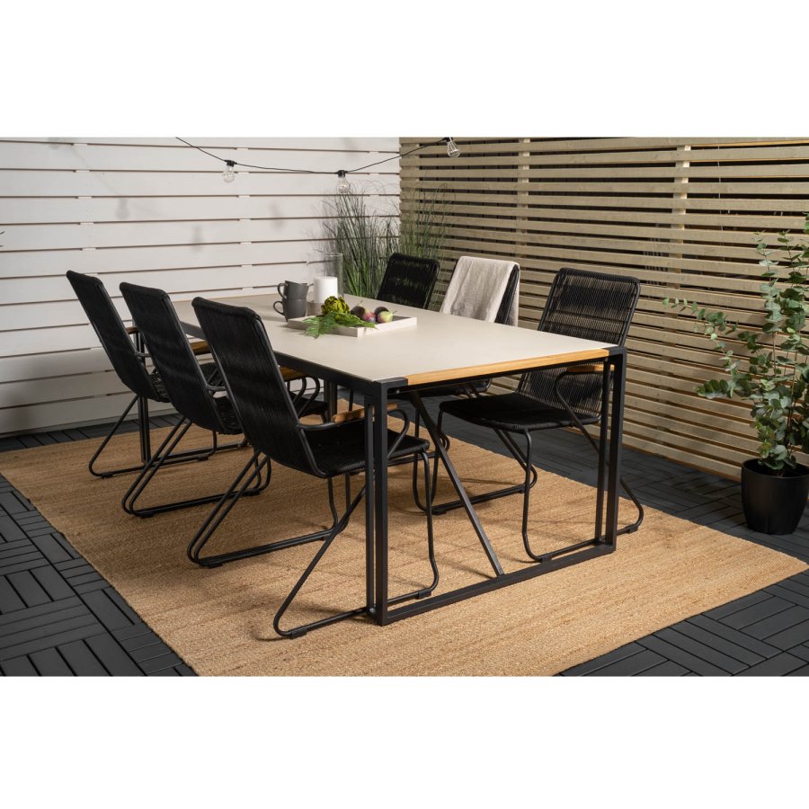 VENTURE DESIGN Gartenset, mit Texas Tisch (200x100) und 6 Bois Stühlen, mit Armlehnen - Teak/Alu/Seil/Akazie