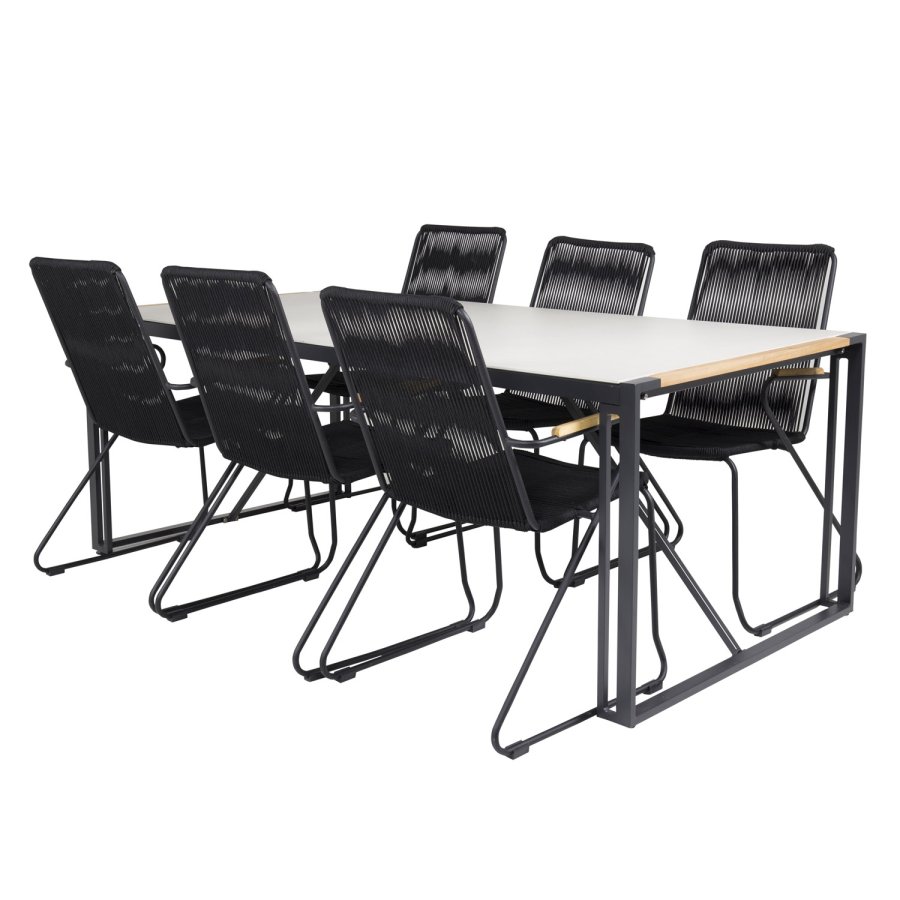 VENTURE DESIGN Gartenset, mit Texas Tisch (200x100) und 6 Bois Stühlen, mit Armlehnen - Teak/Alu/Seil/Akazie