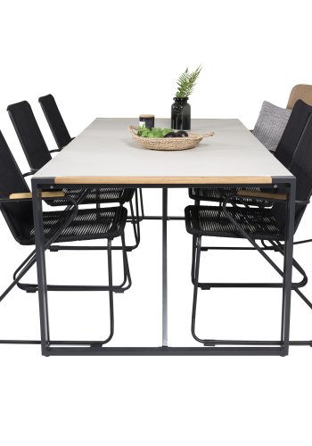 VENTURE DESIGN Gartenset, mit Texas Tisch (200x100) und 6 Bois Stühlen, mit Armlehnen - Teak/Alu/Seil/Akazie