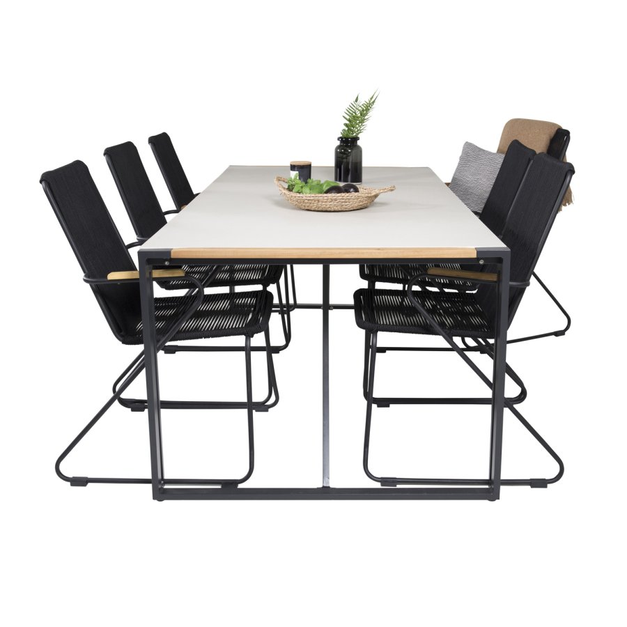 VENTURE DESIGN Gartenset, mit Texas Tisch (200x100) und 6 Bois Stühlen, mit Armlehnen - Teak/Alu/Seil/Akazie