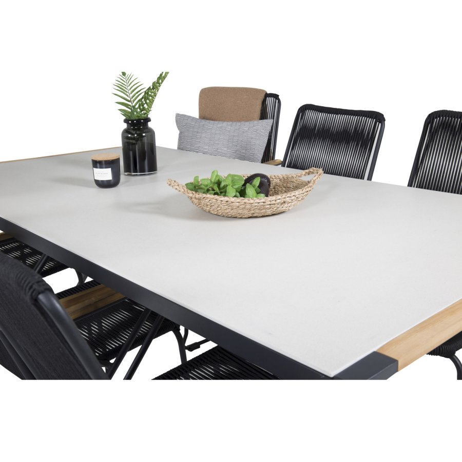 VENTURE DESIGN Gartenset, mit Texas Tisch (200x100) und 6 Bois Stühlen, mit Armlehnen - Teak/Alu/Seil/Akazie