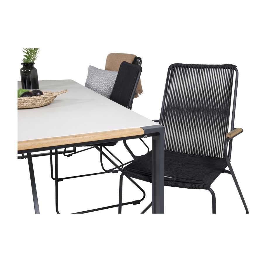 VENTURE DESIGN Gartenset, mit Texas Tisch (200x100) und 6 Bois Stühlen, mit Armlehnen - Teak/Alu/Seil/Akazie