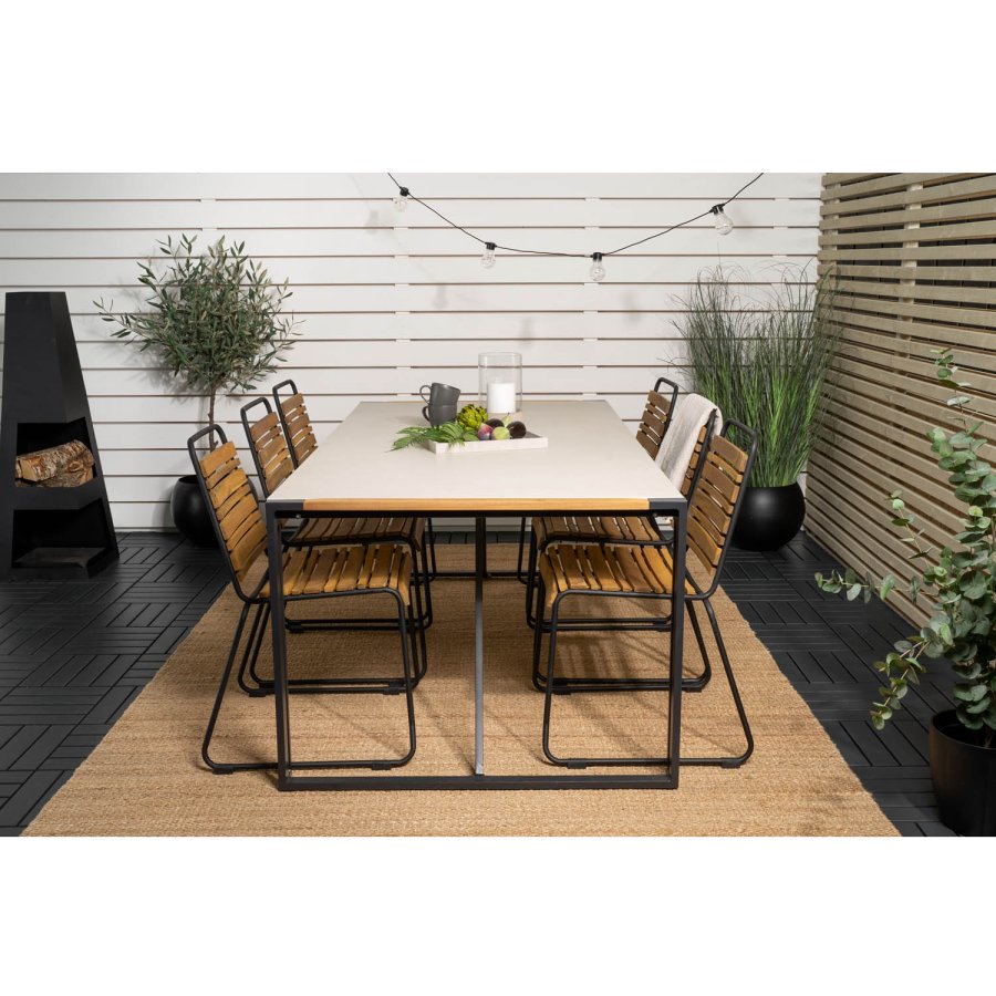 VENTURE DESIGN havest m. Texas bord (200x100) og 6 Bois stole - akacietr/grt sprayglass/sort alu