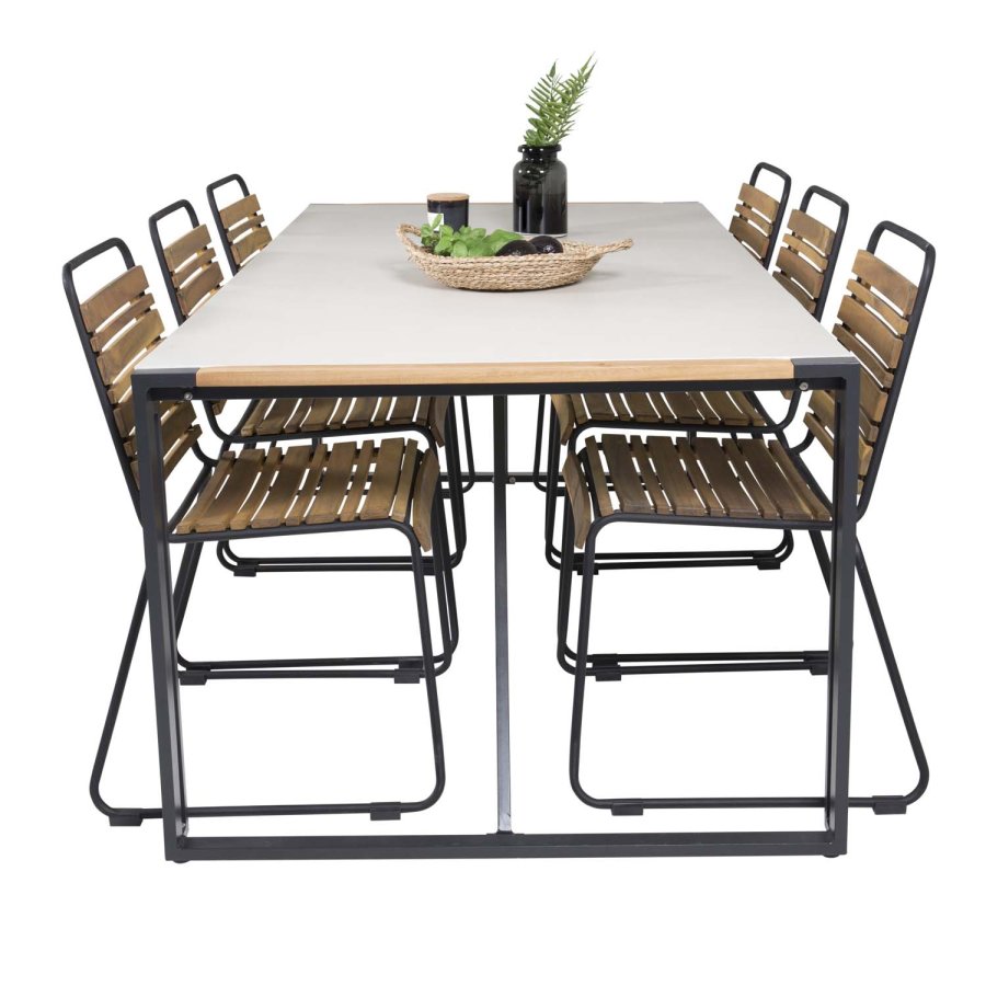 VENTURE DESIGN havest m. Texas bord (200x100) og 6 Bois stole - akacietr/grt sprayglass/sort alu