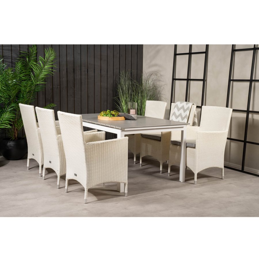 VENTURE DESIGN Gartenset, mit Levels Tisch, mit Verlängerung und 6 Malin Stühlen, mit Armlehnen - Anthrazit/Alu